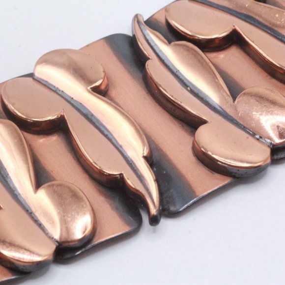 Matisse Renoir Signed Modernist Copper Link Wide Leaf Bracelet - Picture 6 of 7